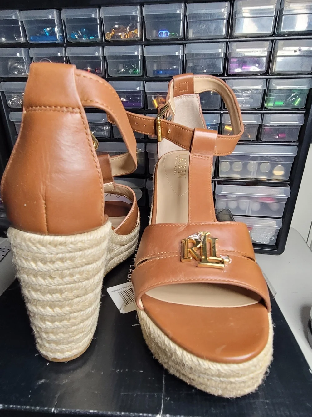 Lauren Ralph Lauren Tan Leather Espadrille Wedge Sandals with Gold RL Plaque